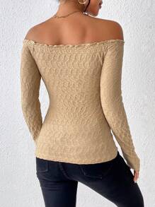 SHEIN Frenchy Off Shoulder Lettuce Trim Tee - Khaki - View 2