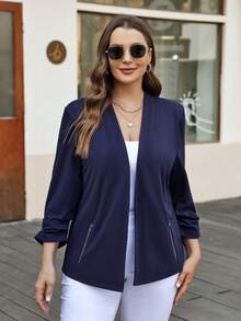 SHEIN LUNE Plus Solid Ruched Sleeve Open Front Blazer - Navy Blue - View 5