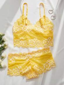 مجموعة الملابس الداخلية الصدرية الدانتيل الأزهار وboyhorts - أصفر - مشاهدة 2