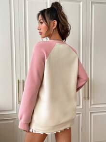 SHEIN EZwear Thêu Chữ Khối màu Tay Raglan Áo nỉ - Nhiều màu - Xem 2