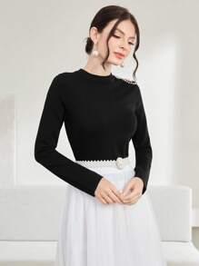 Modelyn Faux Pearls Beaded Cut Out Shoulder Knit Pullover Fall Winter Sweater - Black - View 4