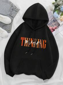 SHEIN EZwear Đồ họa Chữ cái Túi kangaroo Dây rút Lót nhiệt Hoodie - màu đen - Xem 1