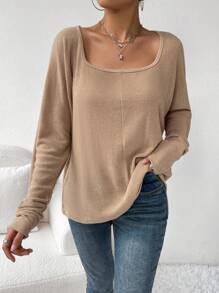 SHEIN Essnce T-Shirt mit Einfarbig U-Ausschnitt, Fledermausärmeln, Rippenstrick