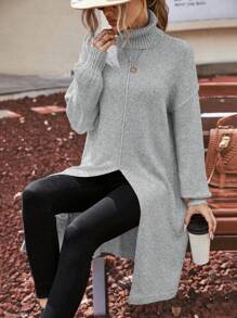 EMERY ROSE Turtleneck Drop Shoulder Split Hem Sweater Knit Pullover Fall Winter Outfit - Light Grey - View 5