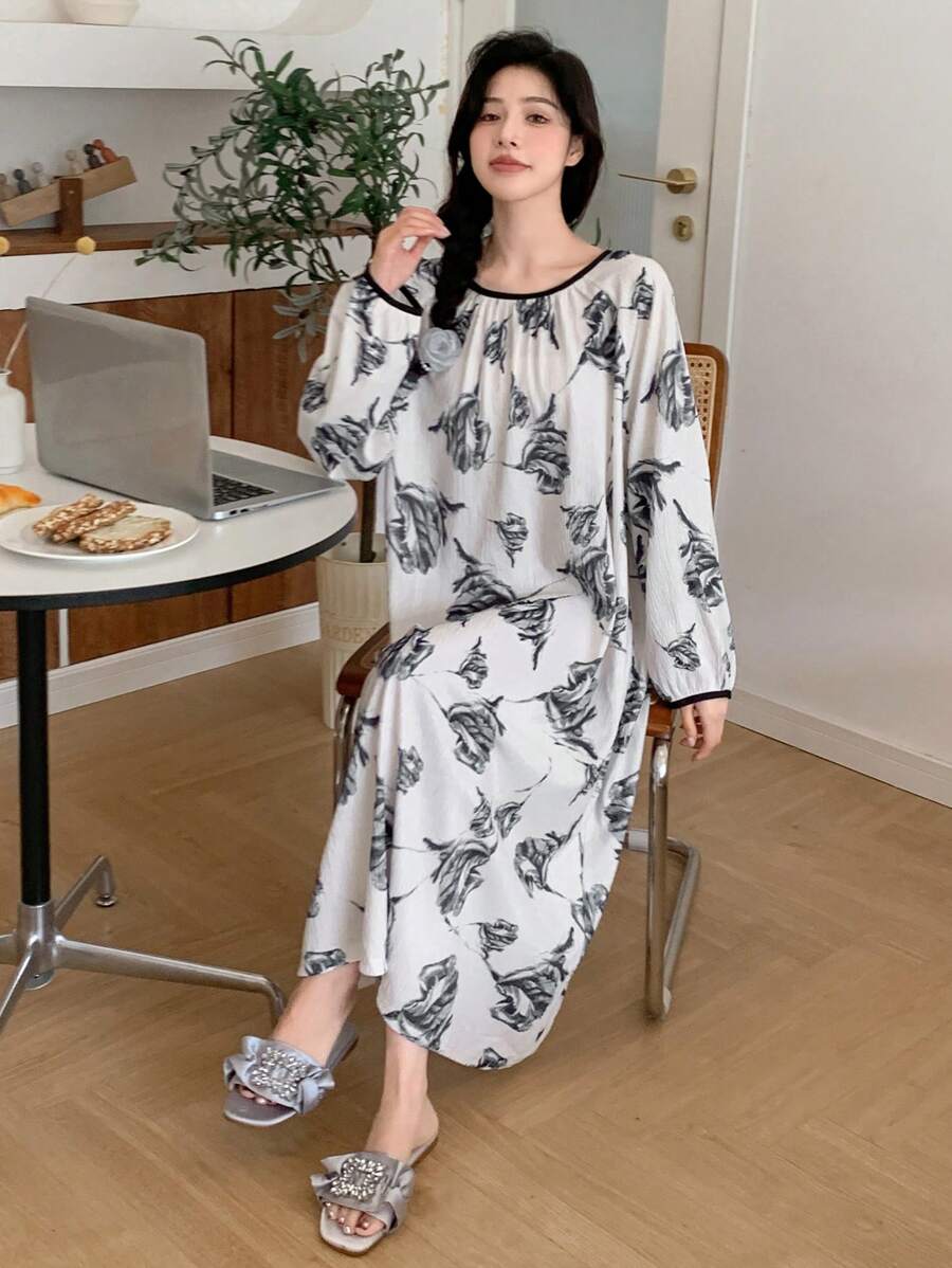 DAZY 印花撞色滾邊睡裙 - 米色 - 查看 1