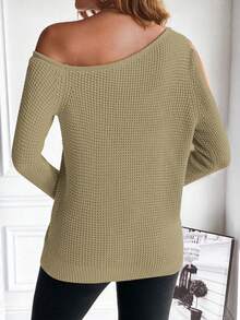 SHEIN Essnce 素色不對稱領肩部挖空套頭毛衣 - 卡其色 - 查看 2