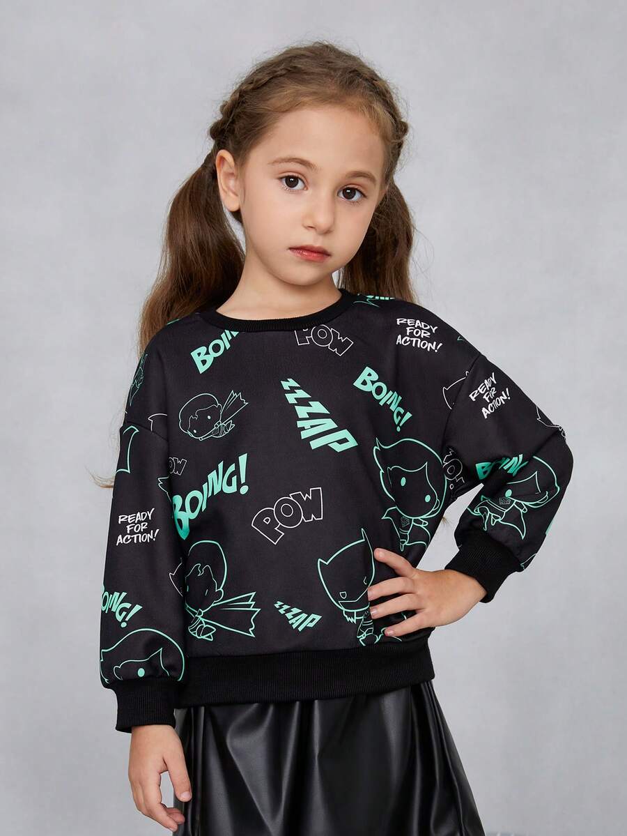 JUSTICE LEAGUE X SHEIN 女小童卡通圖案落肩袖運動衫 - 彩色 - 查看 1
