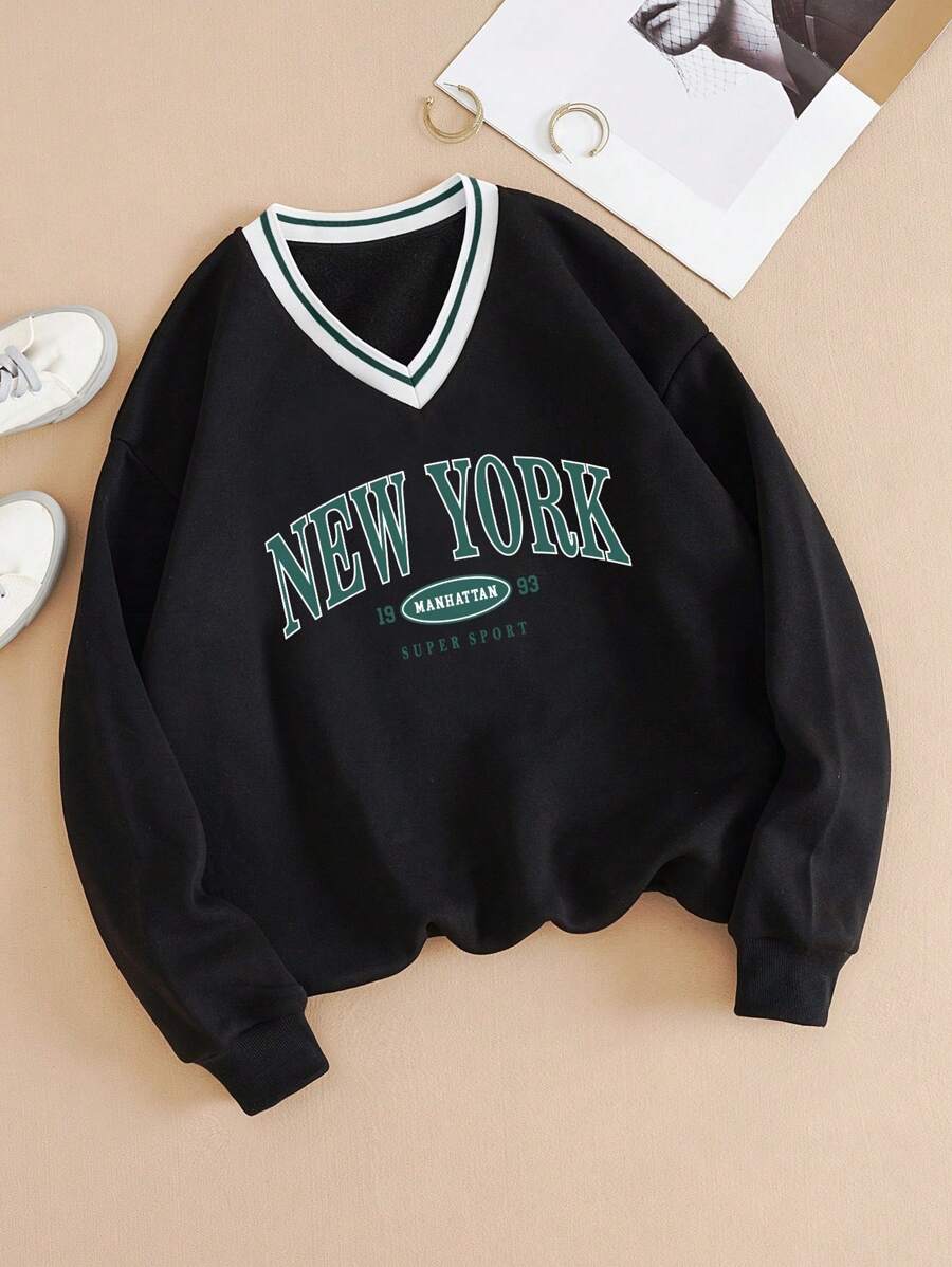 SHEIN EZwear Đồ họa Chữ cái Sọc trang trí Lót nhiệt Áo nỉ - màu đen - Xem 1