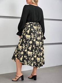 SHEIN VCAY 大碼印花荷葉袖繫腰帶洋裝 - 黑色 - 查看 2