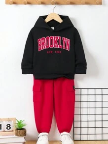 小男孩休閒街頭風格舒適保暖字母印花連帽衛衣加蓋口袋運動褲