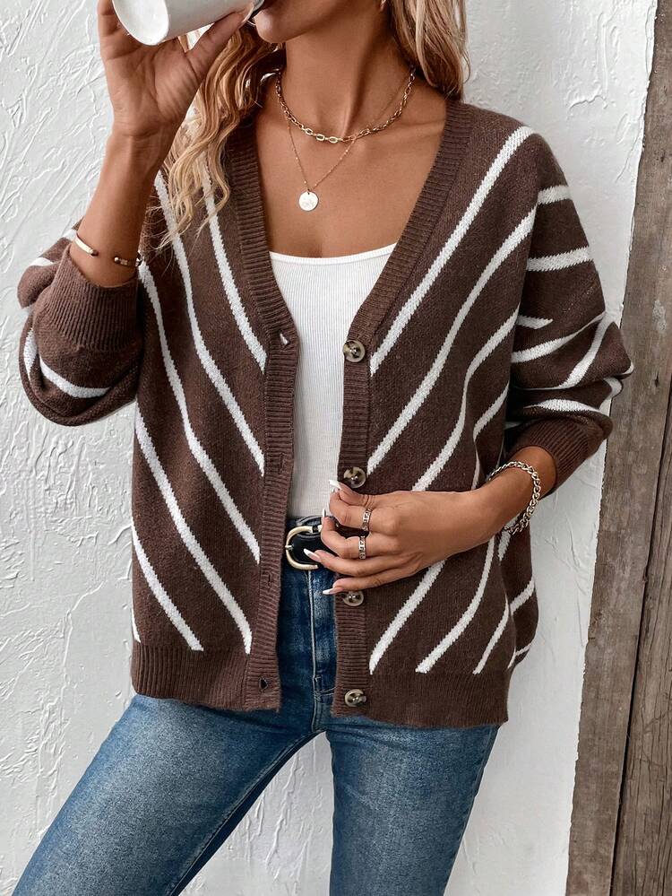 Striped Pattern Drop Shoulder Cardigan