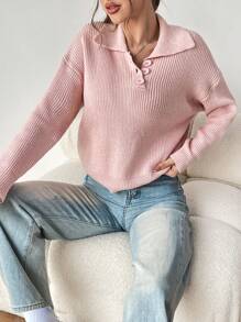 SHEIN EZwear Polo領落肩袖套頭毛衣 - 粉色 - 查看 3
