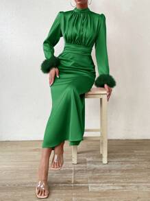 Chiquease Vestido de peluche puño fruncido - Verde - Ver 4