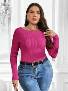SHEIN Clasi Hơn Cổ thuyền Đồ đan Ribbed Áo len - Màu Hồng Tươi - Xem 3