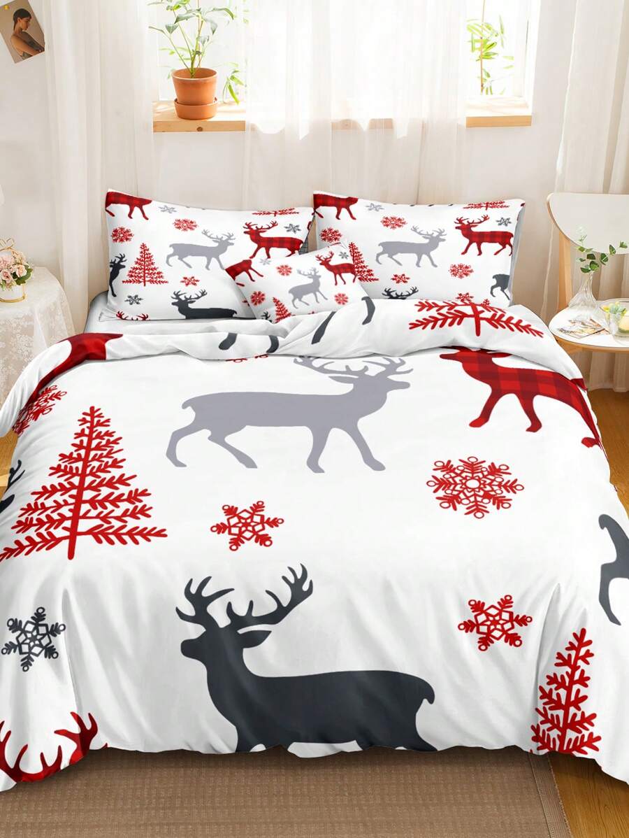 3入組聖誕小鹿&雪人設計圖案滌綸床上用品 - 彩色 - 查看 1