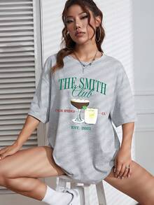 SHEIN EZwear Đồ họa Chữ cái Áo thun Thả vai - Xám - Xem 4