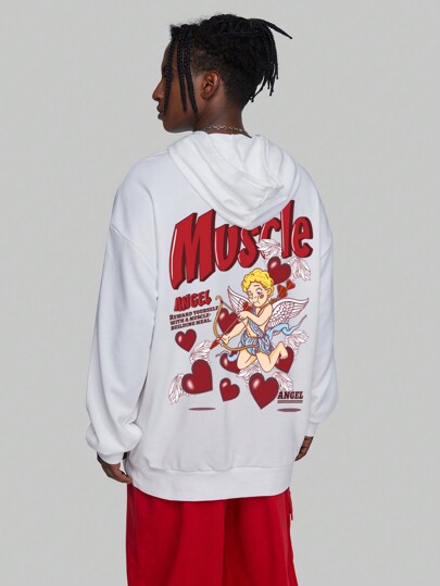 Street Life Guys Slogan & Cartoon Graphic Drop Shoulder Kangaroo Pocket Drawstring Hoodie