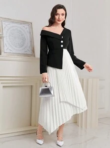 Seusyu Asymmetrical Neck Button Front Pleated Hem Dress - Black and White - View 1