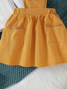 SHEIN 女小童荷葉邊T恤和卡通刺繡背帶洋裝 - 駝色 - 查看 5