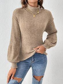 SHEIN Frenchy Áo cao cổ Tay áo lồng đèn Áo len - Màu Khaki - Xem 5