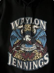 Men Letter & Eagle Print Drawstring Thermal Lined Hoodie - Black - View 3