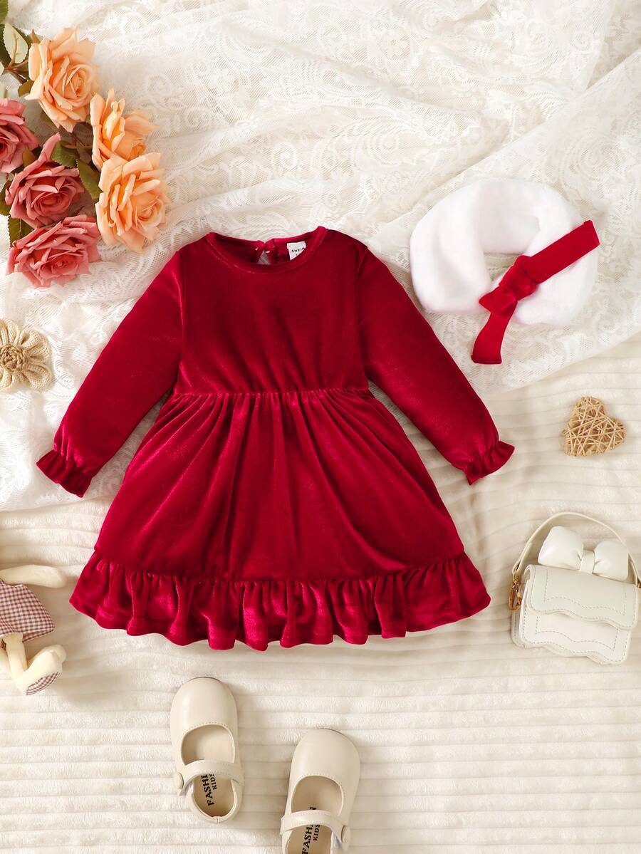 Bebé niña Vestido bajo con fruncido de terciopelo con pañuelo - Burdeos - Ver 1