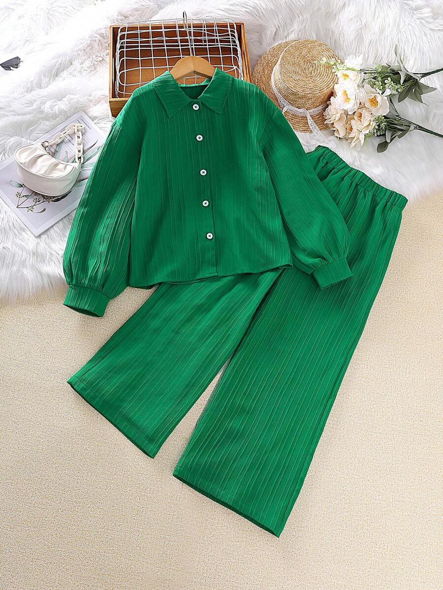 Left Mama Tween Girl Solid Button Front Shirt & Wide Leg Pants - Green - View 1