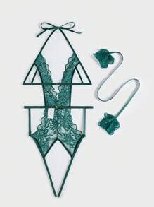 Exotic-Bondage Lace Crotchless Teddy Bodysuit & 1pair Hand Ring, Lingerie - Dark Green - View 2