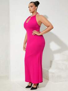 SHEIN SXY Talla grande Vestido con abertura delantera de espalda abierta con cordón de cuello halter bajo sirena - Rosa Fucsia - Ver 5