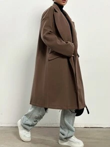 SHEIN EZwear Cổ áo Thả vai Đôi ngực Áo khoác - Màu be - Xem 5