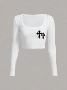 SHEIN EZwear 交叉印花短款T恤 - 白色 - 查看 1