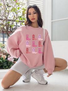 SHEIN EZwear 極簡休閒女士運動衫，印有靴子圖案，休閒合身設計，圓領，長袖 - 淺粉色 - 查看 1
