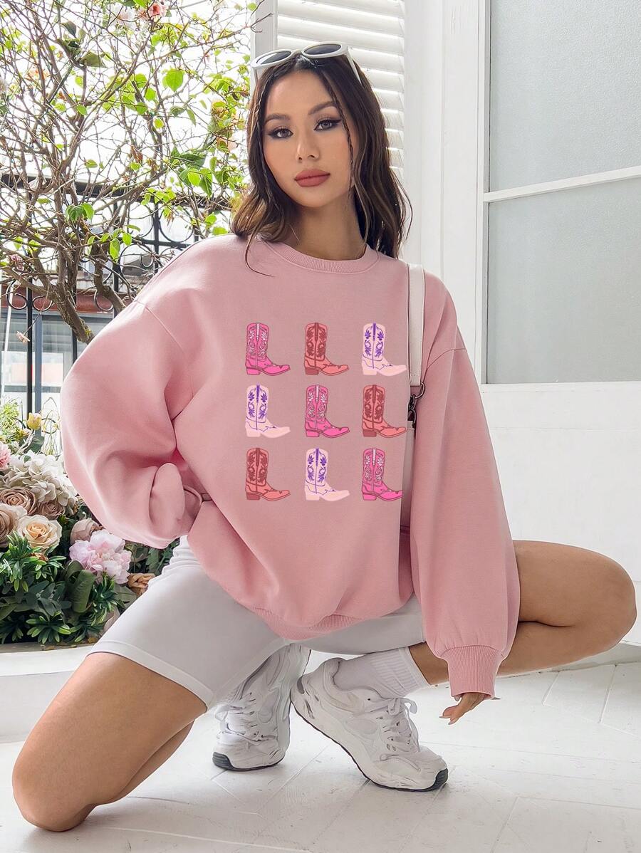 SHEIN EZwear 極簡休閒女士運動衫，印有靴子圖案，休閒合身設計，圓領，長袖 - 淺粉色 - 查看 1