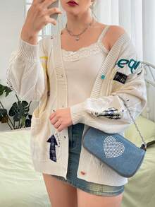 SHEIN EZwear 大碼字母圖案雙口袋落肩袖開襟衫 - 米色 - 查看 4