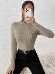 SHEIN Frenchy Cổ giả Đồ đan Ribbed Textured Chất vải Áo thun - Màu be - Xem 6