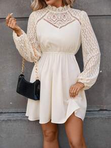 SHEIN Frenchy Ren tương phản Tay áo lồng đèn Đầm Không có thắt lưng - Màu be - Xem 6