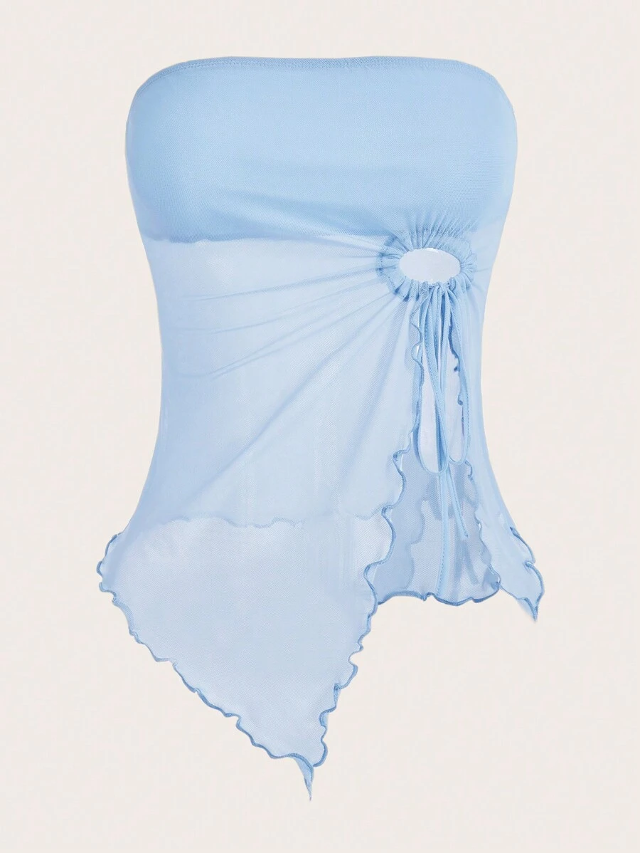 SHEIN ICON Drawstring Asymmetrical Hem Drawstring Mesh Tube Top
