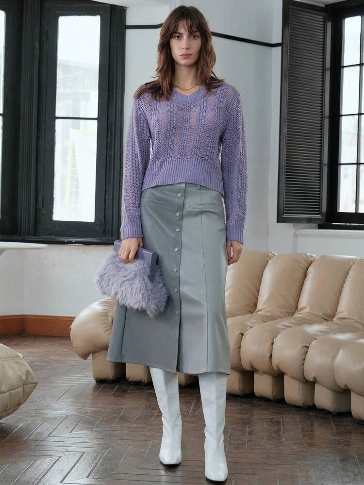 Suéter de punto corto con cuello en V sólido para otoño e invierno