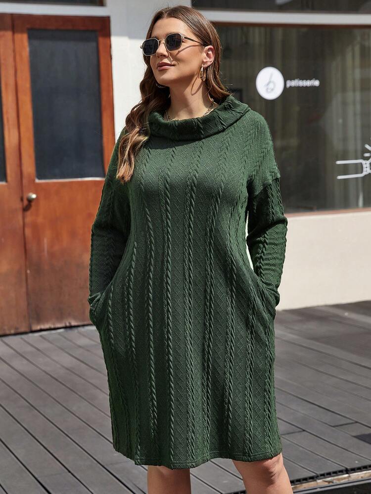 Plus Size Solid Color Draped Neck Drop Shoulder Dress