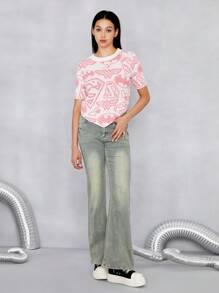 JUSTICE LEAGUE X SHEIN Dopamine Pink Cartoon Pattern All-Over Printed Asymmetrical Hem Short-Sleeved Knitted Top - Apricot - View 5