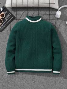 SHEIN 男小童舒服的和濃烈香調拼色條紋圖案修邊細節頭髮質感紋理高領套頭毛衣 - 墨綠色 - 查看 1
