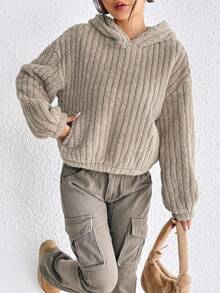 SHEIN EZwear Drop Shoulder Fleece Hoodie - Khaki - View 6