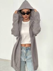 SHEIN EZwear Thả vai Mở Mặt trước áo có mũ Áo len Mở - Màu Xám nhạt - Xem 6