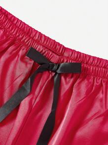 5 件套对比色蕾丝腰带缎面睡衣套装 - 酒紅色 - 查看 7