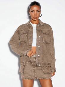 SHEIN BAE 翻蓋口袋落肩袖牛仔夾克 - 咖啡棕 - 查看 5