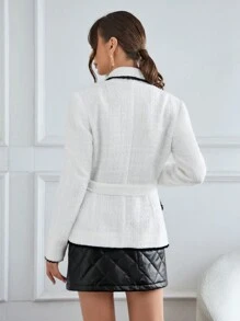 SHEIN Privé Contrast Binding Shawl Collar Belted Tweed Blazer - Black and White - View 3