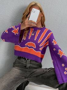 SHEIN Unity Star & Sun Pattern Flare Sleeve Crop Sweater - Multicolor - View 3