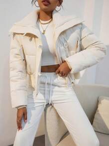 SHEIN EZwear Áo khoác đệm ngắn cổ khóa kéo màu trơn cho nữ, quần áo mùa đông - trắng - Xem 1