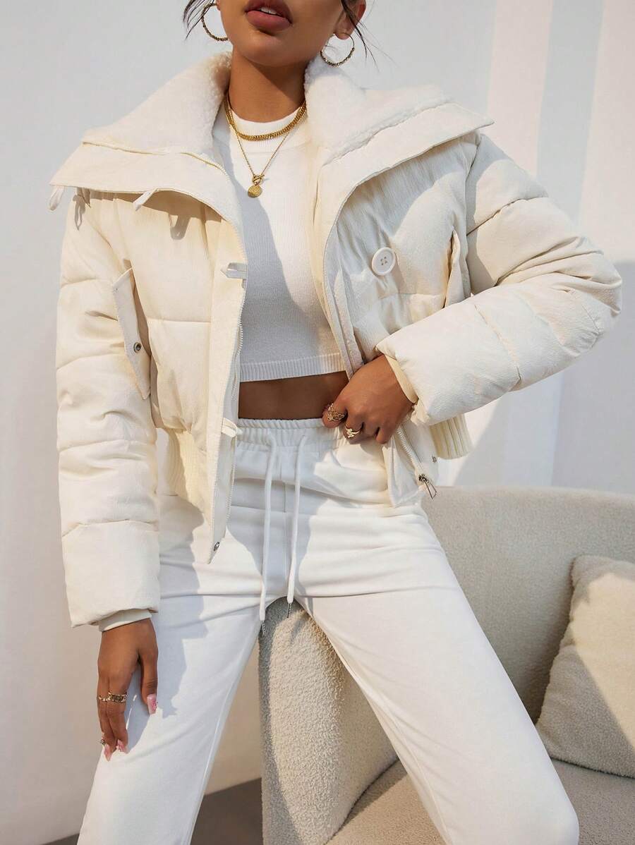 SHEIN EZwear Áo khoác đệm ngắn cổ khóa kéo màu trơn cho nữ, quần áo mùa đông - trắng - Xem 1