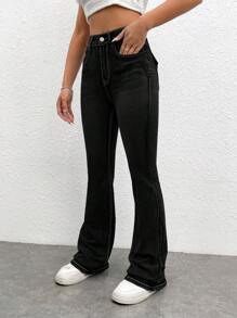 SHEIN EZwear Rhinestone and Embroidery Detail Flare Leg Jeans - Black - View 4